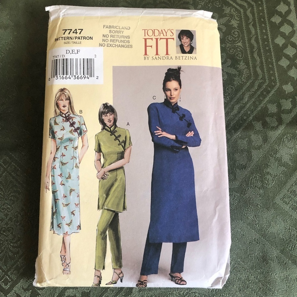 7747 VOGUE BETZINA MANDARIN TUNIC, DRESS, CROP PANTS PATTERN - sizes - D-E-F